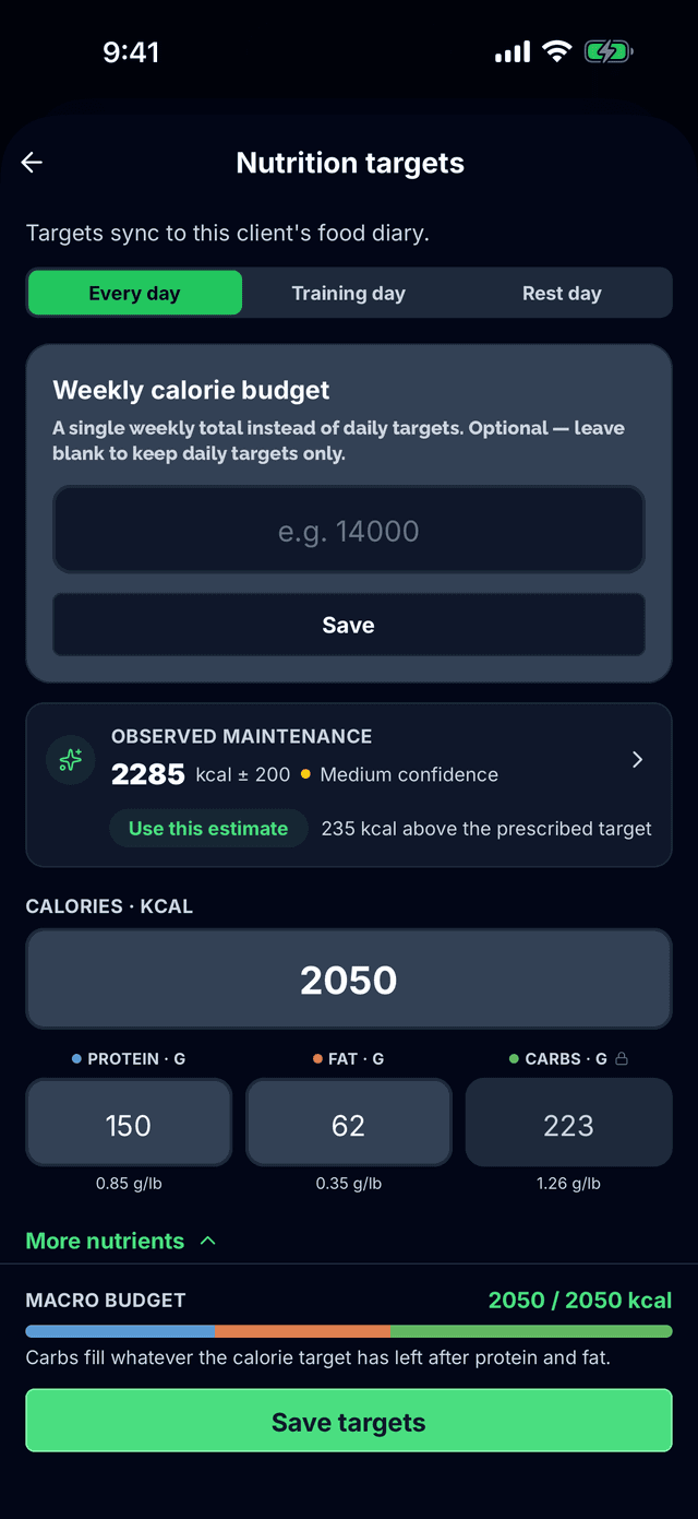Meal plan builder in the Tracked coaching dashboard