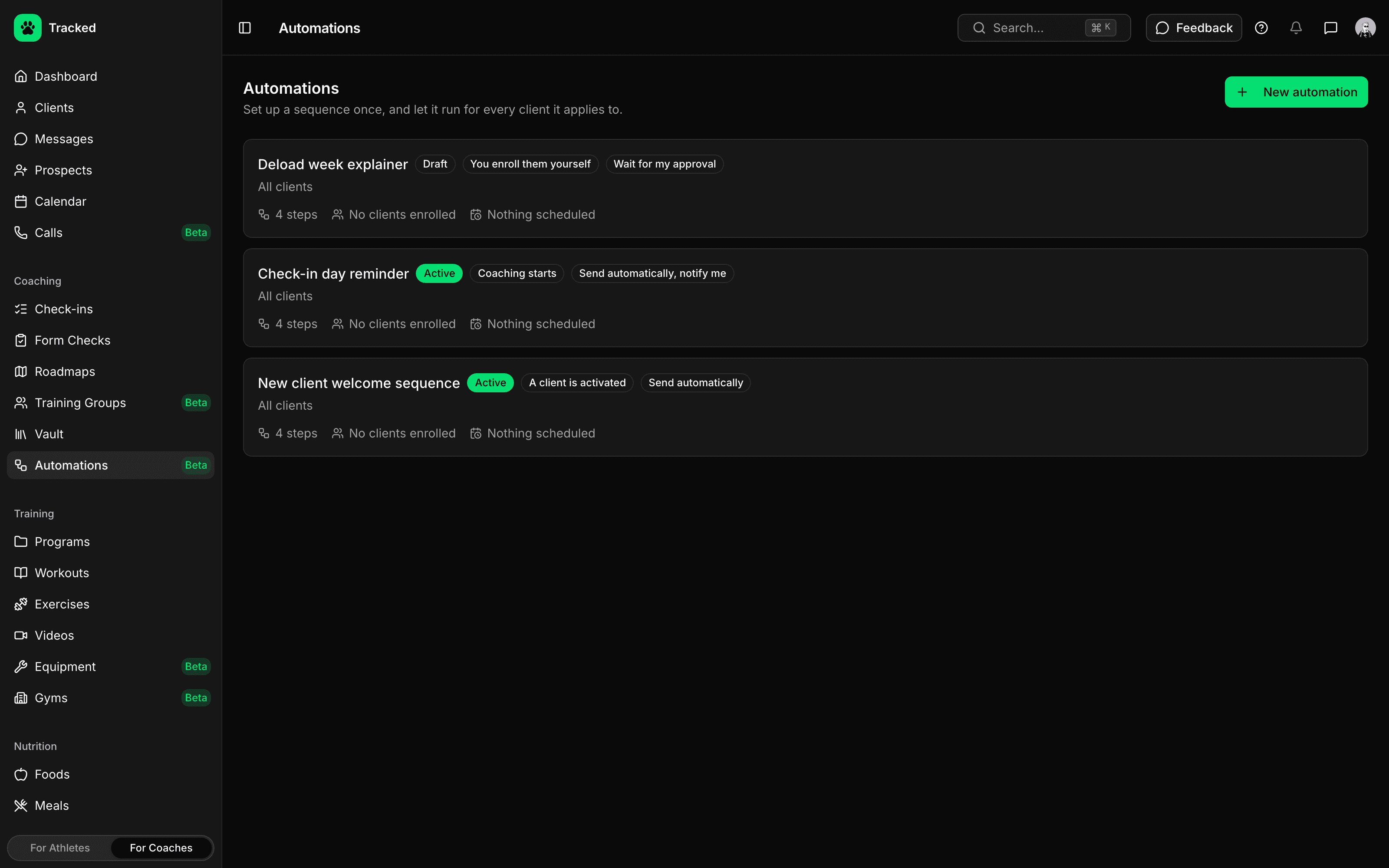 Automation sequences in the Tracked coaching dashboard