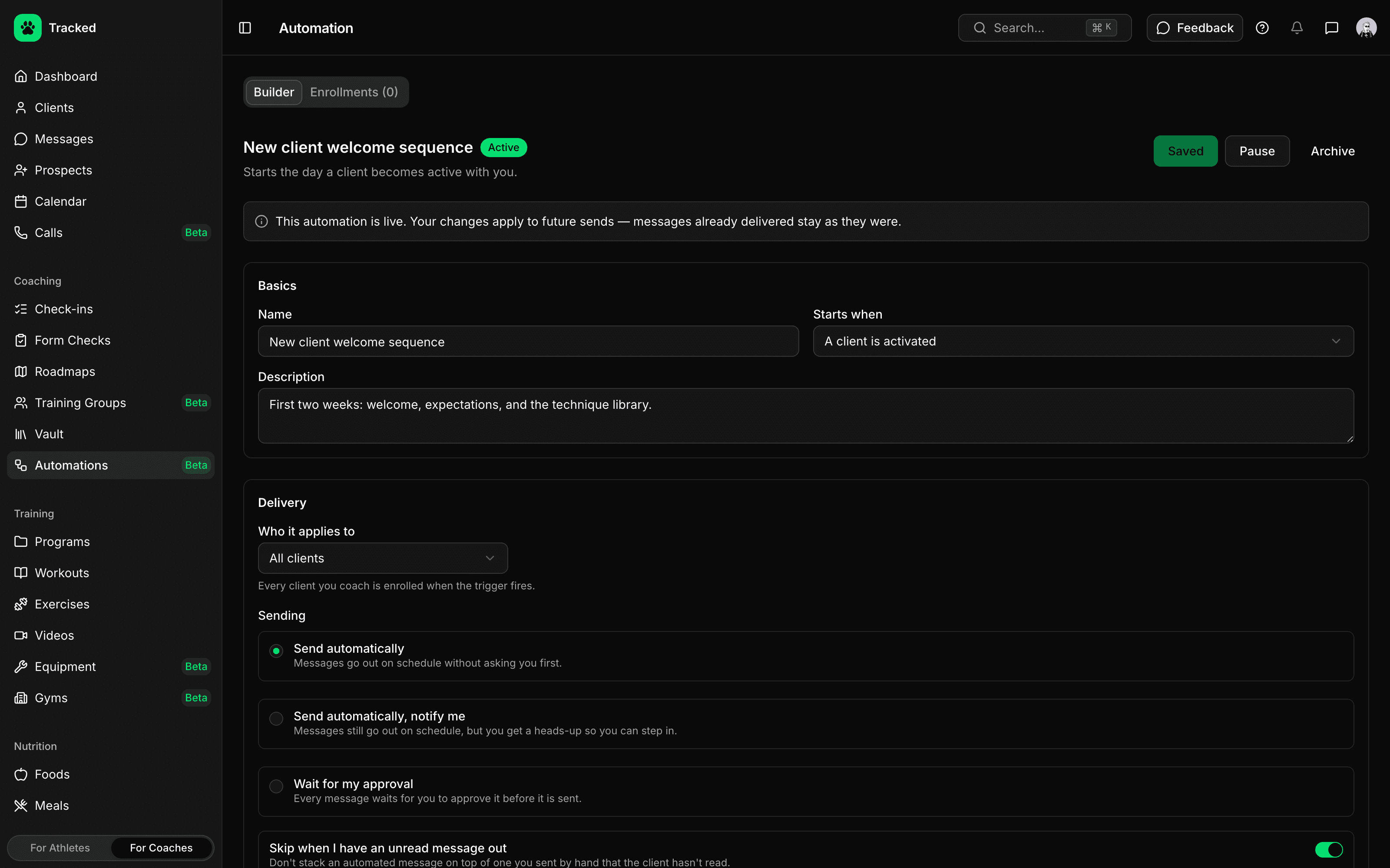 Automation builder with trigger, targeting and delivery settings
