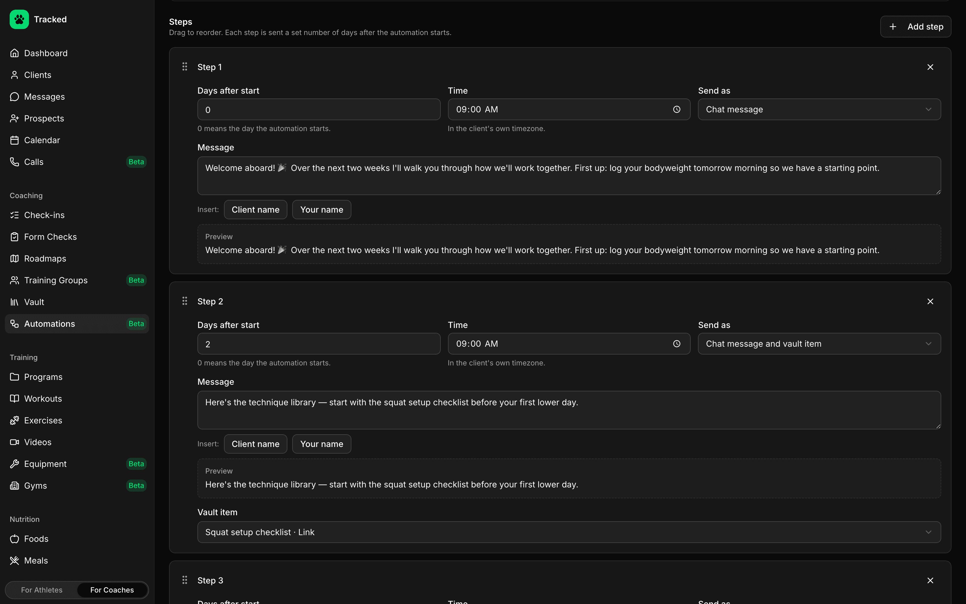 Automation steps with timing, message and vault attachment