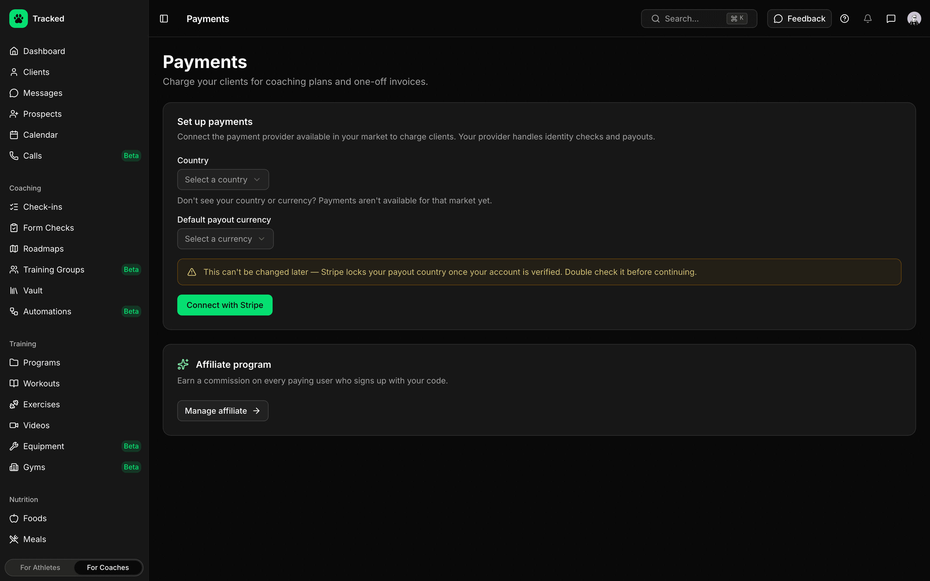 Stripe payments setup in the Tracked coaching dashboard