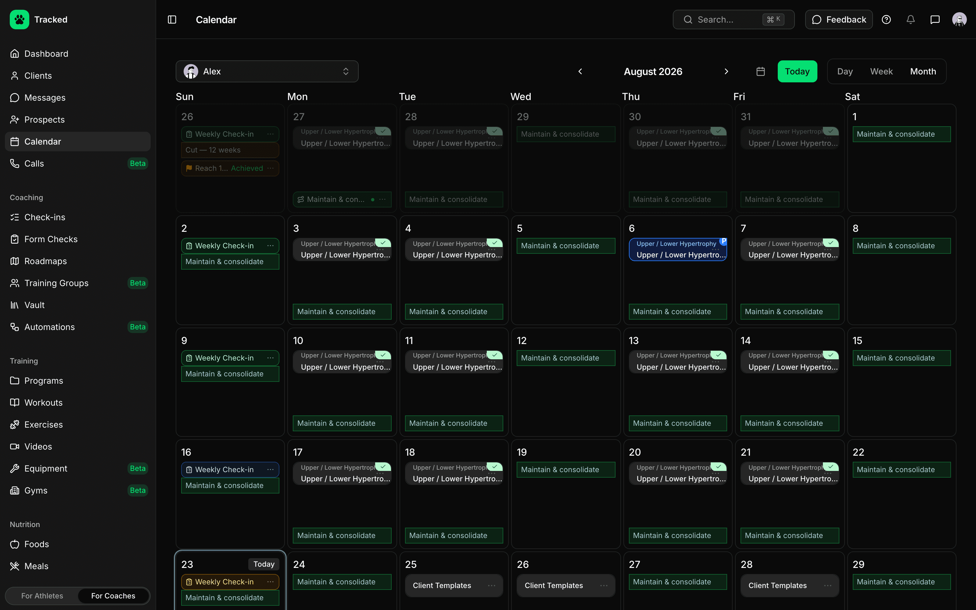 Gestión del calendario del cliente en la app Tracked