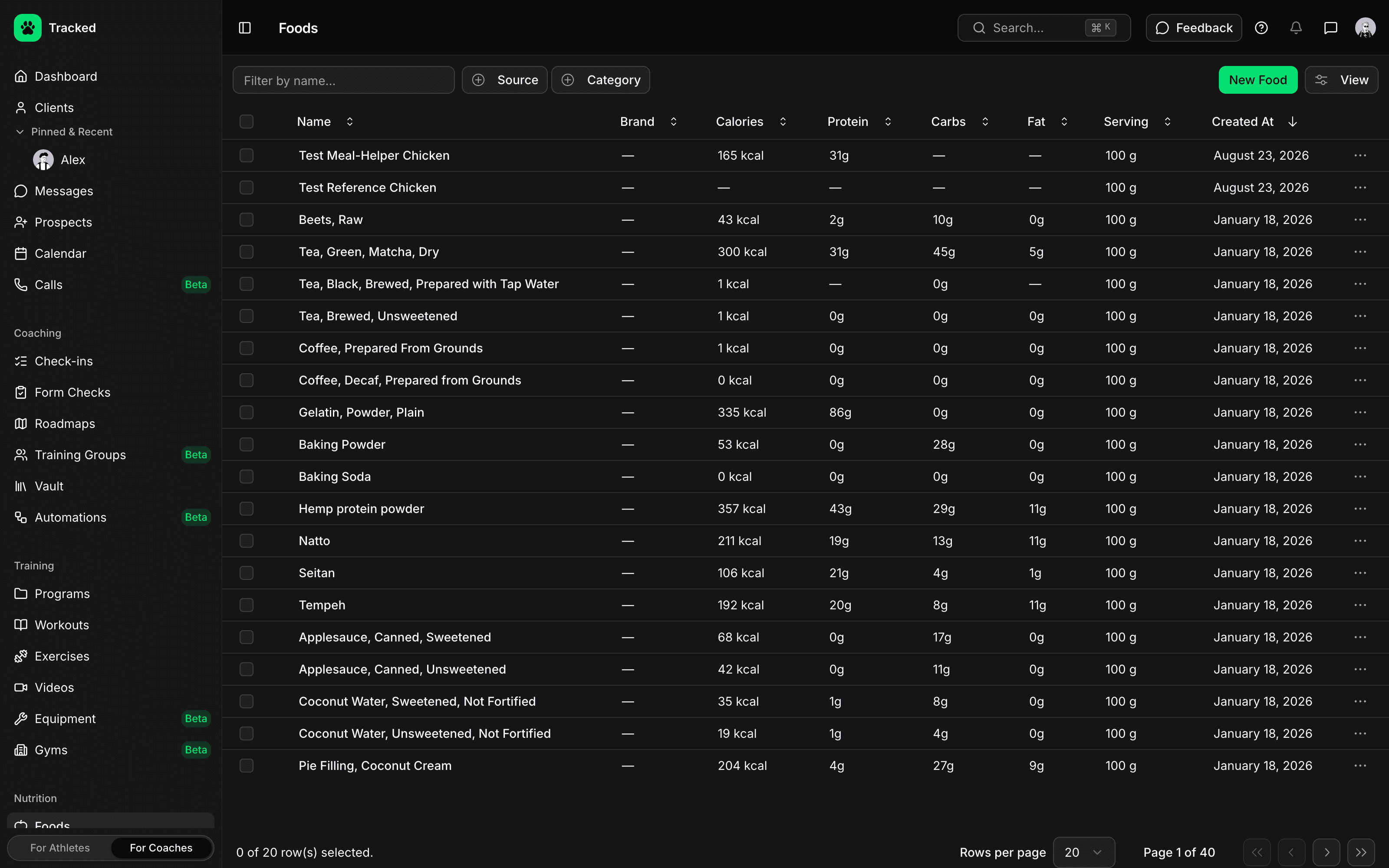 Nutrition tab next to training tools for a client