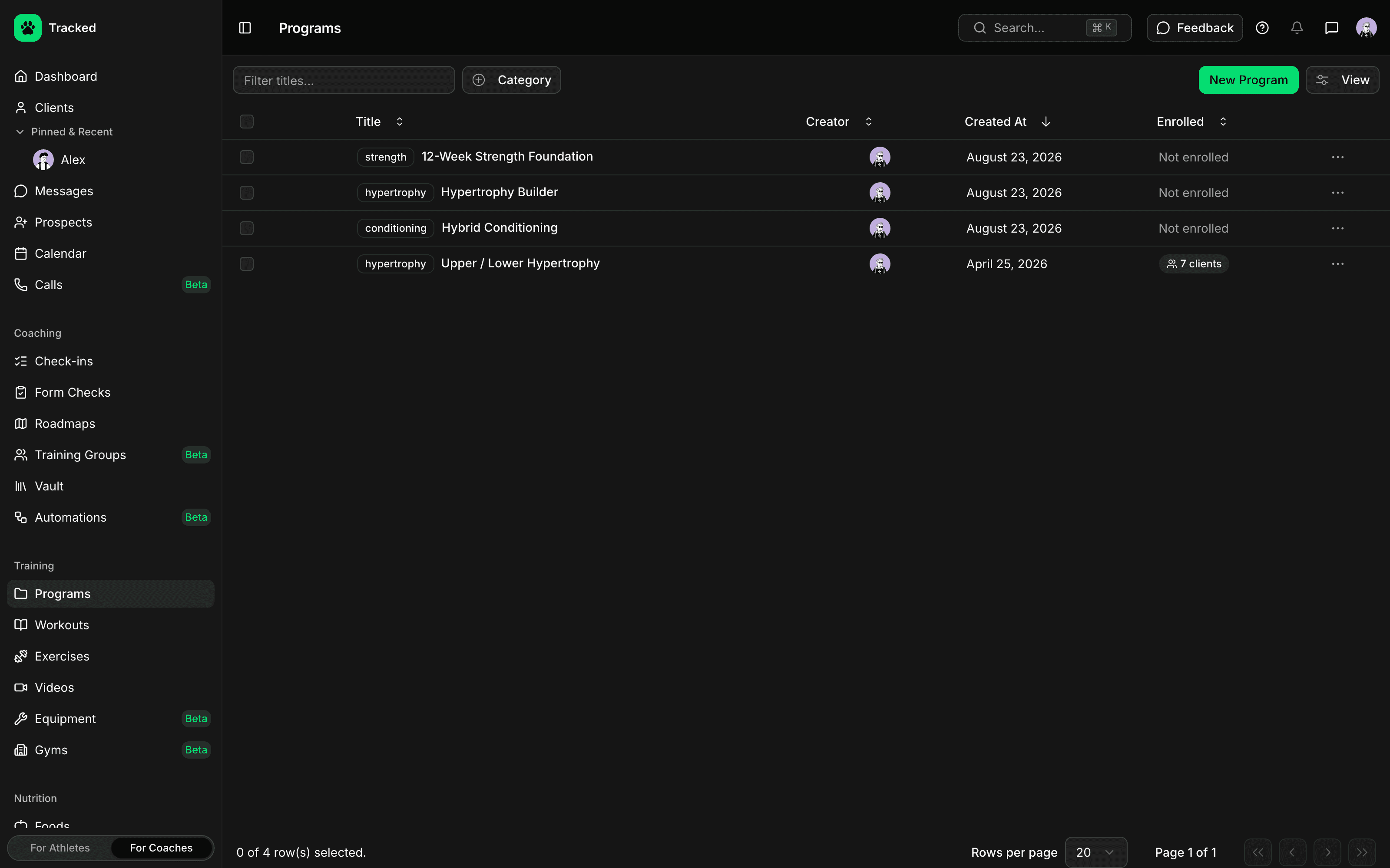 Program board in the Tracked coaching dashboard