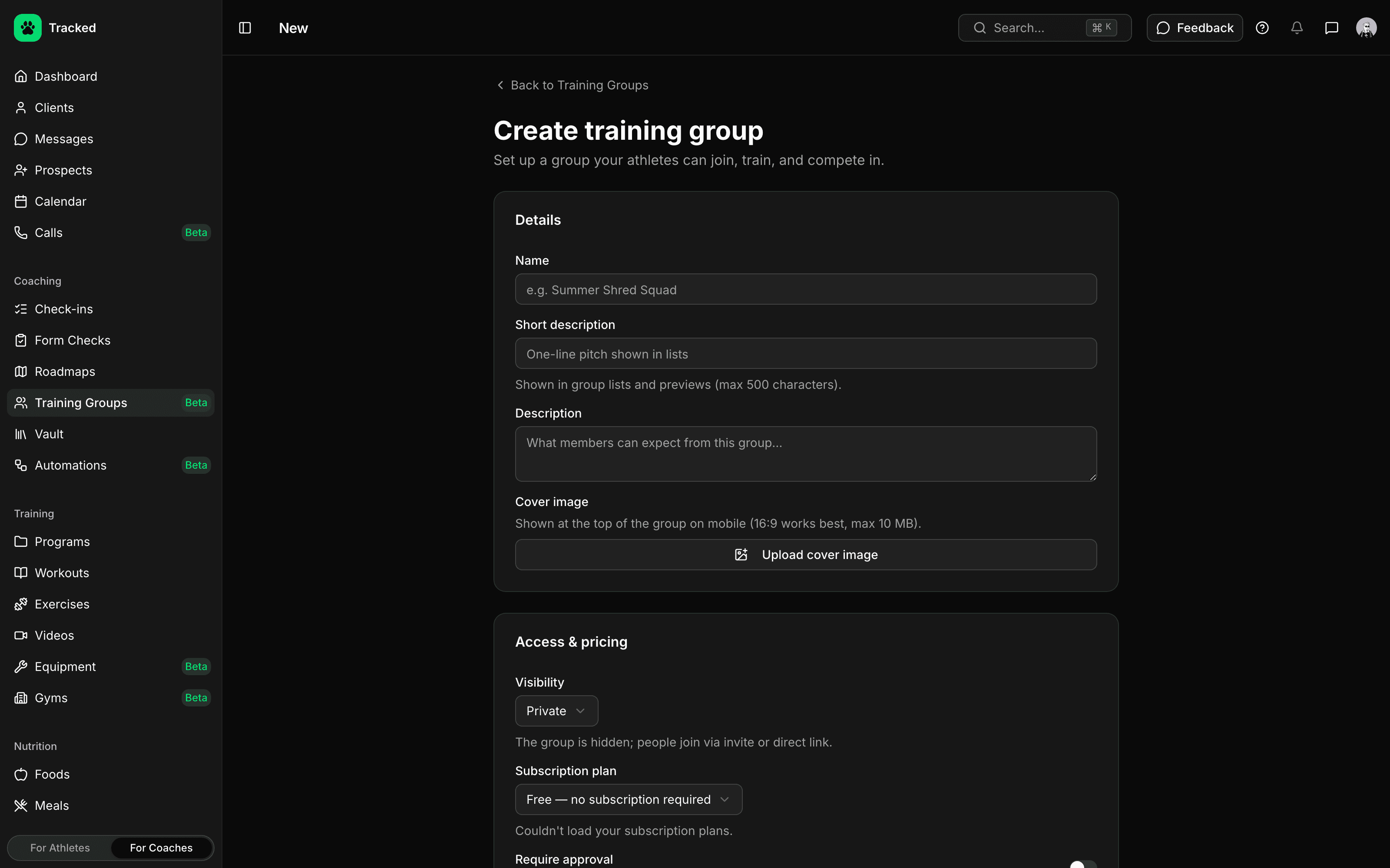 Training group overview in the Tracked coaching dashboard