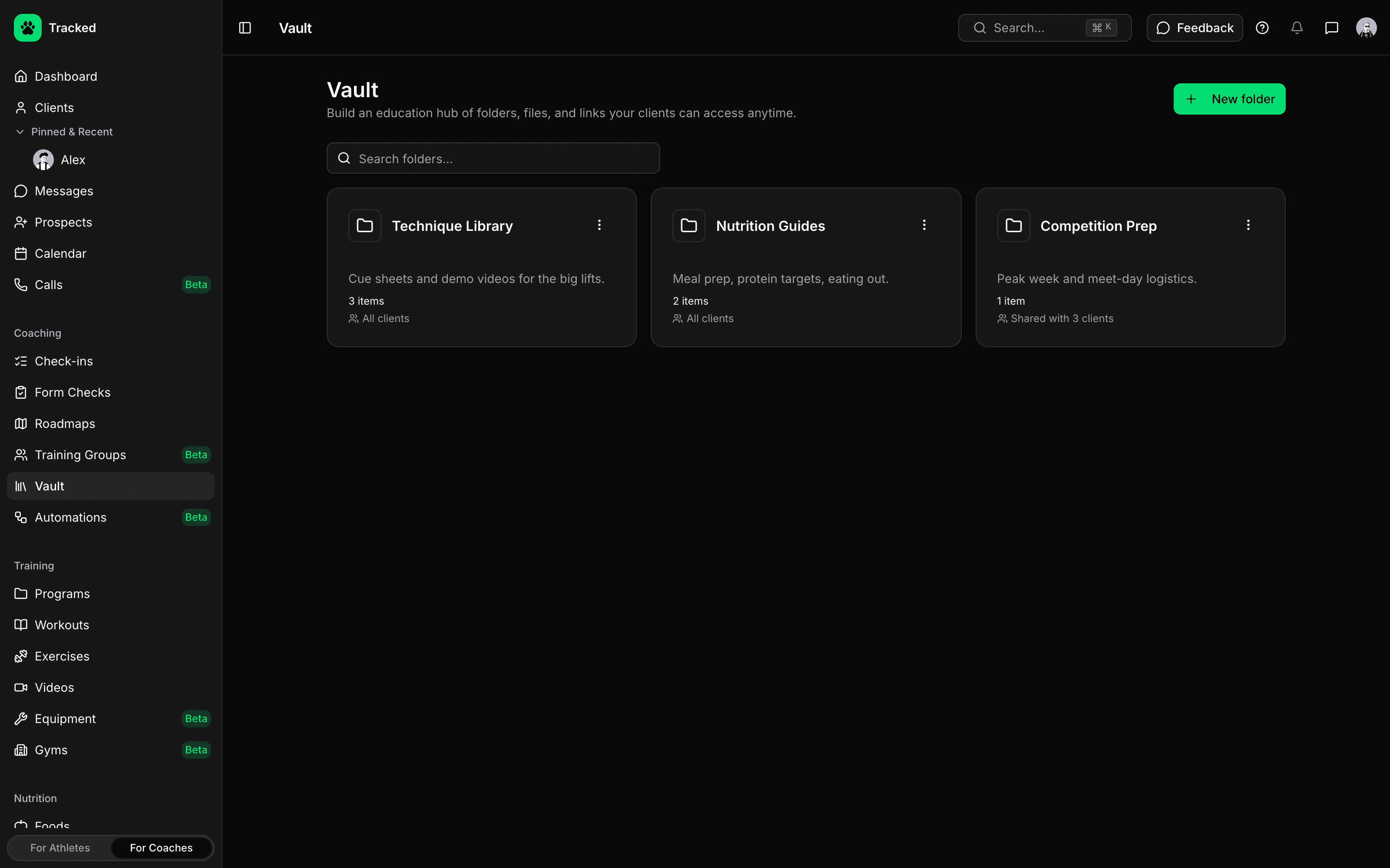 Vault folders in the Tracked coaching dashboard