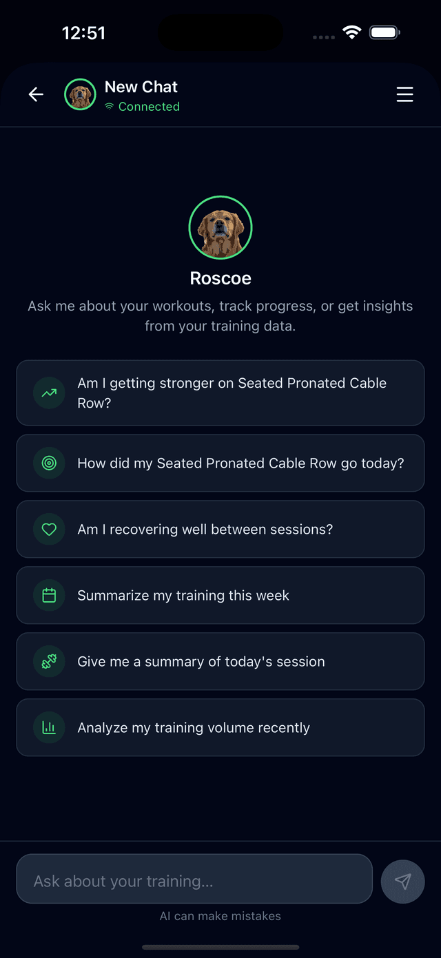 Roscoe AI coach conversation in the Tracked app