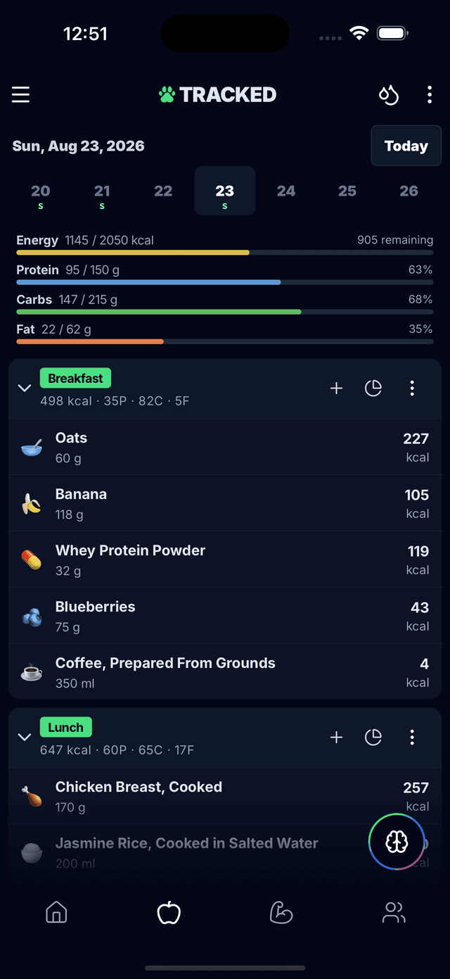 Interface de comptage de calories dans l'application Tracked