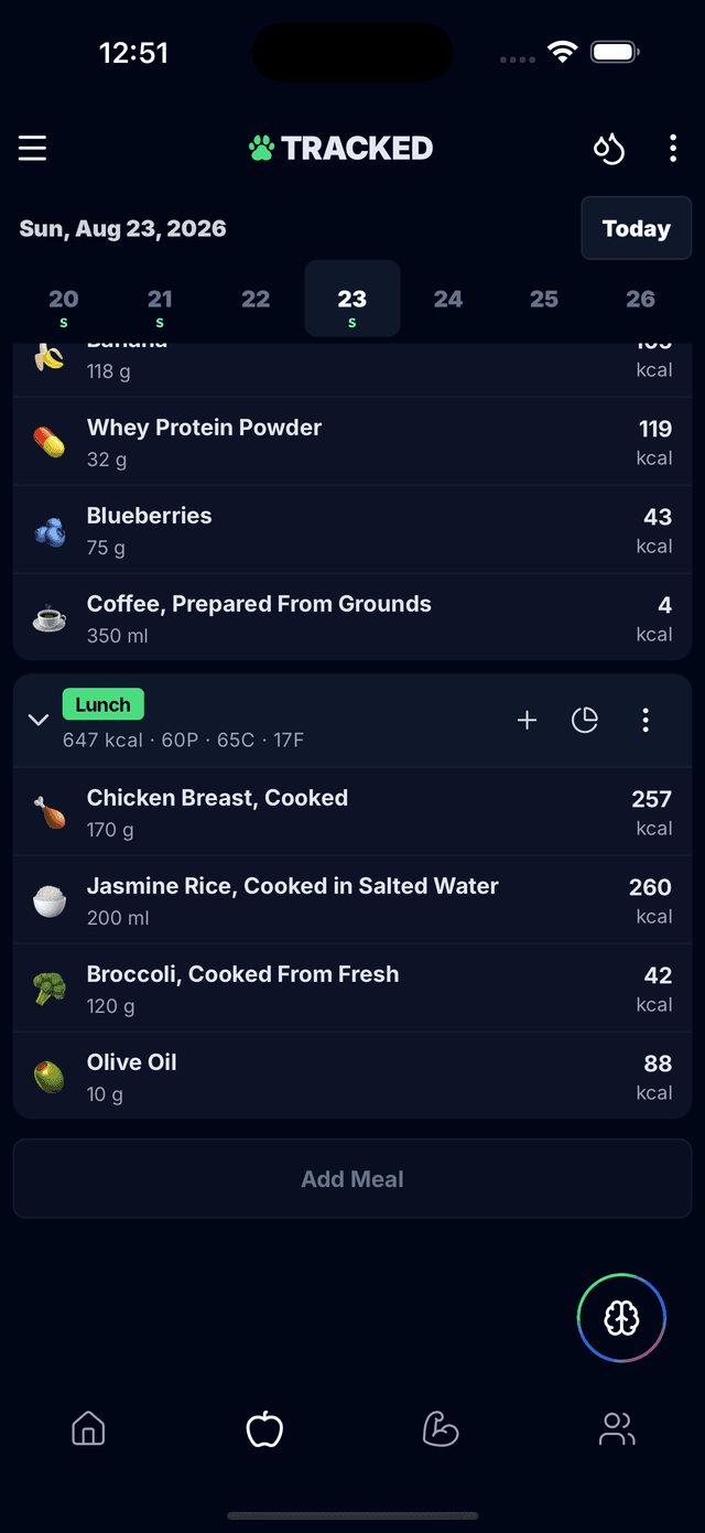 Meal logging interface in the Tracked app
