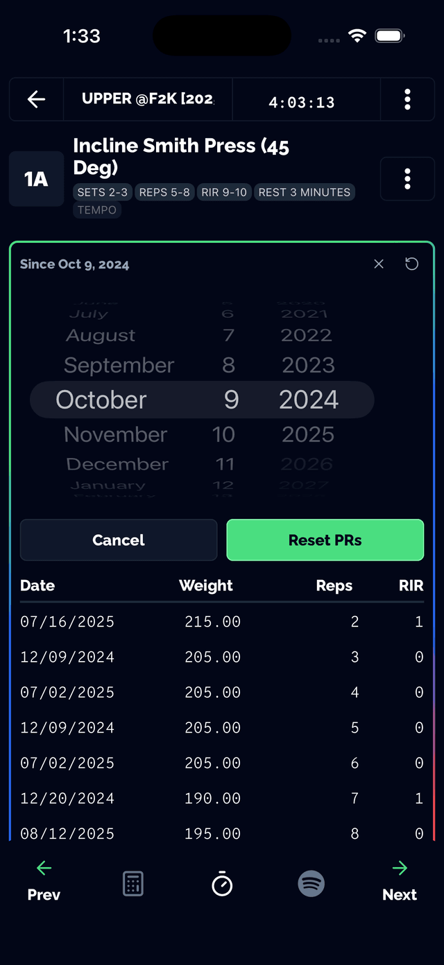 PR reset date picker showing month and year selection