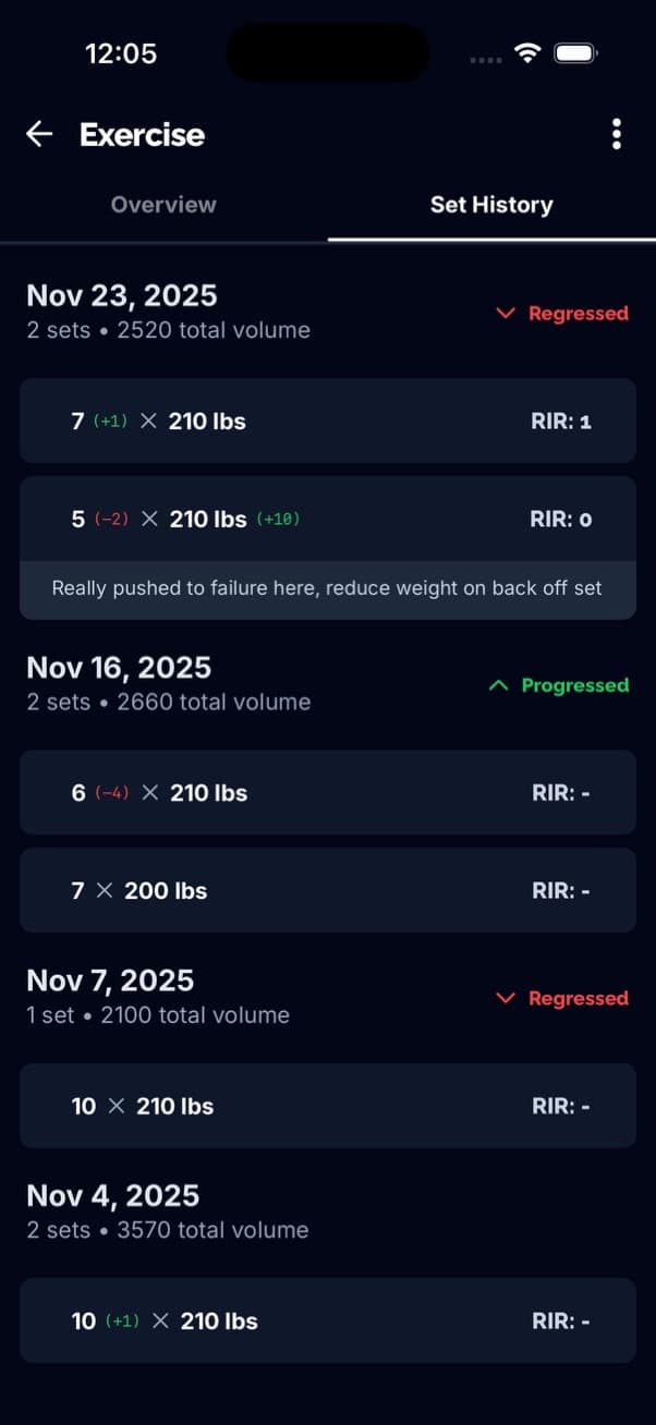 Exercise set history